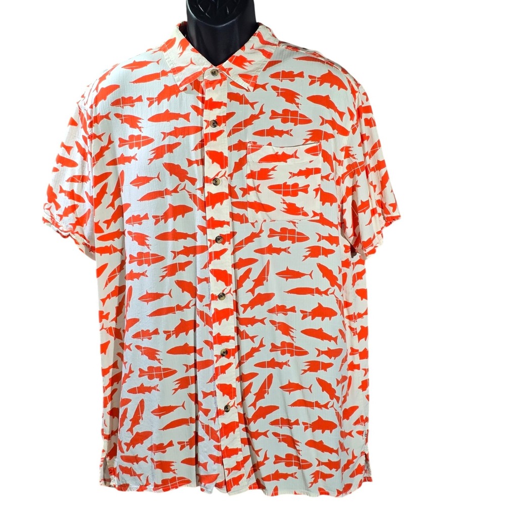 Magellan Outdoors Orange Fish Print Fishing Shirt L Short Sleeve Button‎ Up